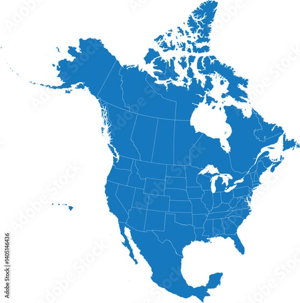Fototapeta : A vector EPS file depicting the outline of North America in a minimalist style. The main color is blue, with country borders (USA, Canada, Mexico, etc.) defined by white lines. The transparent backg