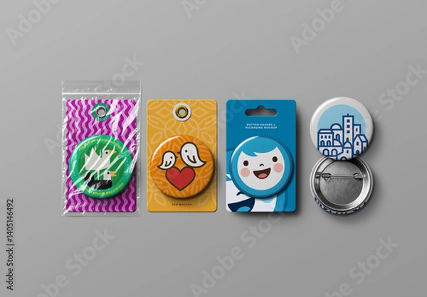 Fototapeta Button Badge Mockup + Packaging