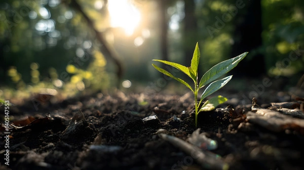 Obraz Young Plant Growing in Forest Soil with Morning Sunlight – A Symbol of Sustainable Agriculture and Technological Growth generate by AI