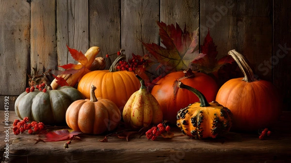 Obraz Autumn Harvest Display of Diverse Pumpkins and Gourds on Rustic Wooden Table with Seasonal Leaves and Berries generate by AI