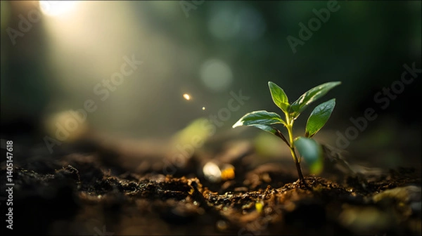 Obraz Emerging Seedling Illuminated by Morning Light in a Forest Environment – Symbol of Growth, Agriculture, and Sustainable Technology generate by AI