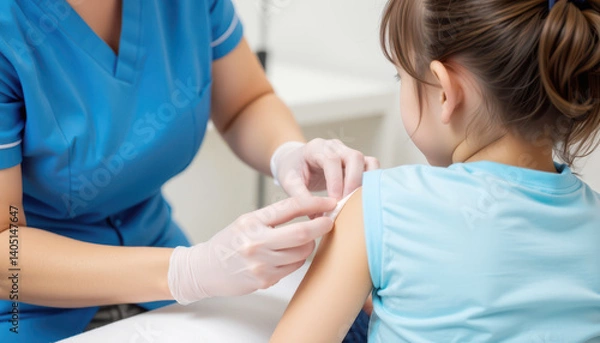 Fototapeta Kid with injury treated by nurse with bandage. A healthcare professional administers a vaccination to a young girl in a clinical setting, emphasizing care and health awareness.