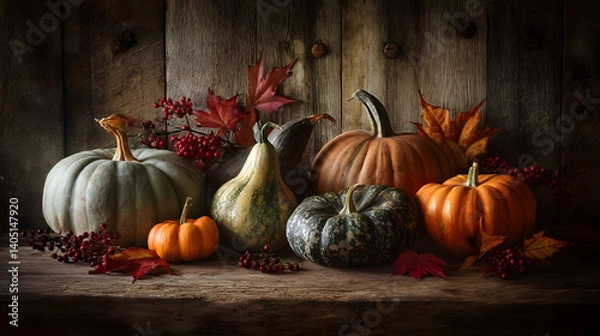 Obraz Rustic Autumn Display of Diverse Pumpkins and Gourds with Leaves and Berries – Celebrating the Harvest Season with Agricultural Heritage and Subtle Technological Influence generate by AI