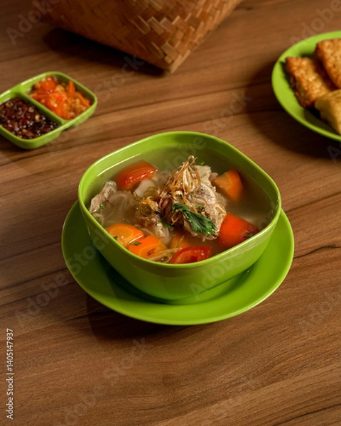 Fototapeta A Hearty Bowl of Indonesian Beef Soup with Spicy Sambal and Fried Tempeh on the Side, Traditional Comfort Food with Rich Broth and Balanced Flavors.