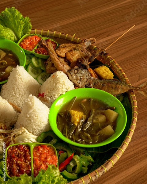 Fototapeta Classic Indonesian Sundanese Platter with Fried Chicken, Salted Fish, Lalapan, Soup, Complete Sides and Spicy Sambal.