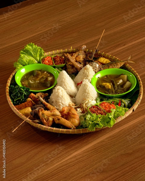 Fototapeta Authentic Sundanese Feast with Assorted Dishes: Rice, Fried Chicken, Salted Fish, Fresh Vegetables, Soups, and Sambal.