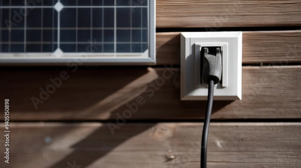 Obraz cable enters wooden panel powered by solar array, showcasing renewable energy use