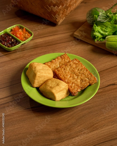 Fototapeta Golden Fried Tofu And Tempeh With Fresh Raw Vegetables And Spicy Sambal On The Side, An Indonesian Dish Full Of Crunch And Flavor.