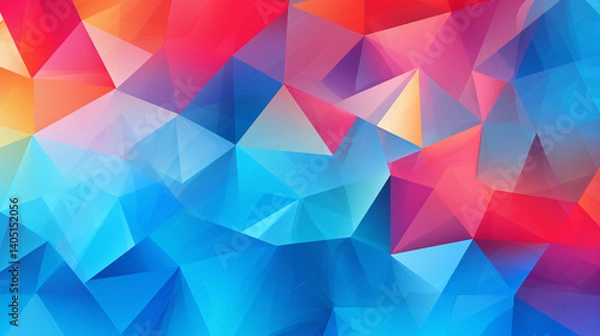 Fototapeta Abstract triangle design with gradient rainbow colors blue pink red for futuristic tech banners and backgrounds.

