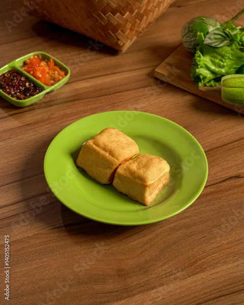 Fototapeta Tofu Fried To Golden Perfection, Complemented With Fresh Vegetables And Spicy Sambal, A Staple In Indonesian Everyday Meals.