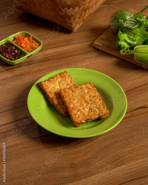 Fototapeta Indonesian Fried Tempeh Plate With Sambal And Fresh Greens, A Crunchy And Flavorful Meal From The Heart Of Sundanese Cuisine.