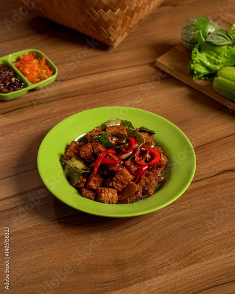 Fototapeta Stir-Fried Tempeh with Assorted Fresh Vegetables and Spicy Sambal on the Side, a Flavorful and Healthy Traditional Indonesian Plant-Based Dish.