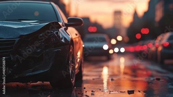 Obraz Close-up of the front end after an accident with cars in traffic, sunset lighting.