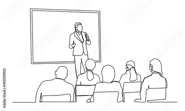 Obraz continuous line drawing of the Audience in the conference hall, The public speaker in lectures, in front of the audience.