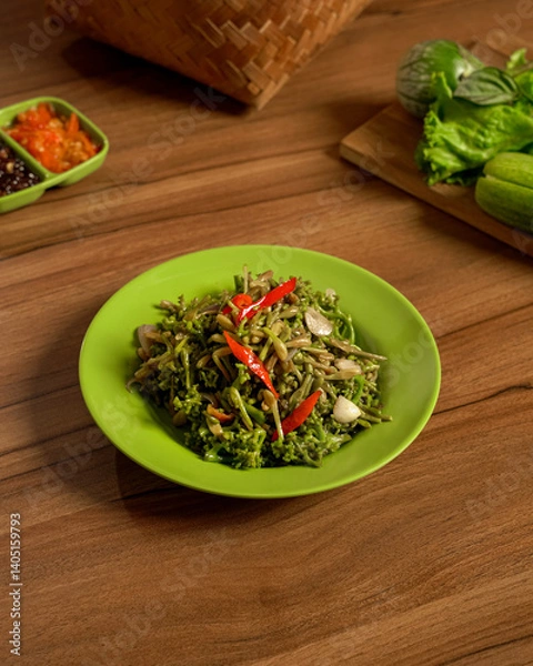 Fototapeta Stir-Fried Papaya Flowers Served with Fresh Vegetables and Spicy Sambal on the Side, A Unique Indonesian Dish Full of Bitterness and Bold Flavors.
