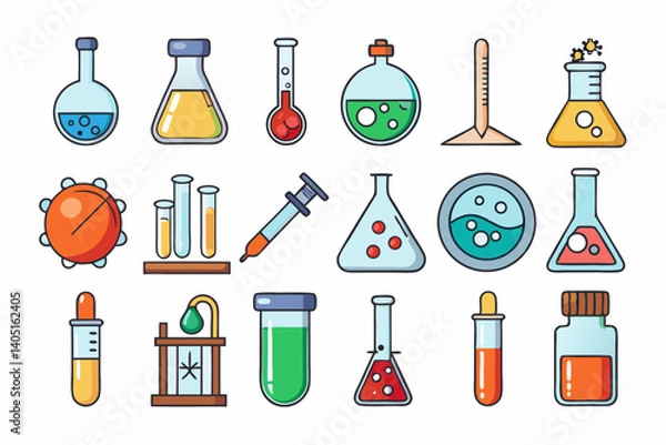 Fototapeta Colorful Science Lab Equipment Vector Icons Cartoon Test Tubes, Flasks, and Beakers Set