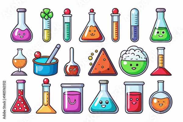 Fototapeta Colorful Science Lab Equipment Vector Icons Cartoon Test Tubes, Flasks, and Beakers Set