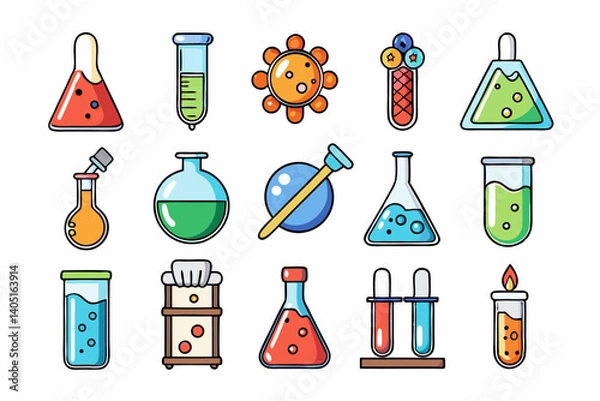 Fototapeta Colorful Science Lab Equipment Vector Icons Cartoon Test Tubes, Flasks, and Beakers Set