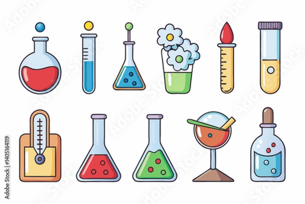 Fototapeta Colorful Science Lab Equipment Vector Icons Cartoon Test Tubes, Flasks, and Beakers Set