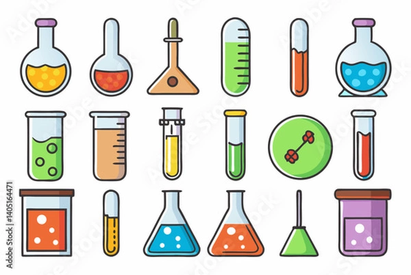 Fototapeta Colorful Science Lab Equipment Vector Icons Cartoon Test Tubes, Flasks, and Beakers Set