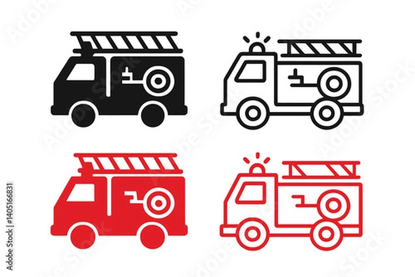Obraz Firetruck icon set for emergency situations, including a ladder silhouette and line icon in red and black colors