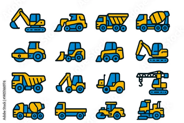 Obraz A modern flat style collection of 16 construction vehicle icons, the Construction Vehicles Icon Set features yellow and blue colors to create a bold and eye-catching visual