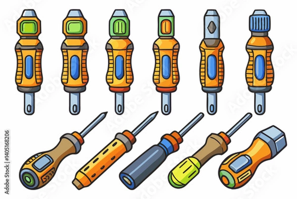Fototapeta Screwdrivers Vector Set – Colorful Hand Tool Icons for DIY, Repair, and Construction