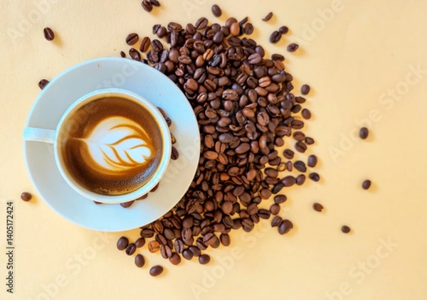 Fototapeta coffee beans and a cup of coffee with space for text