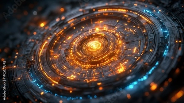 Fototapeta Futuristic glowing concentric circles with orange lights, resembling a high-tech computer interface or digital circuitry