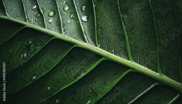 Fototapeta Beautiful details of moody dark green plant leaf with raindrops Vein and texture of a large leaf Natural abstract background