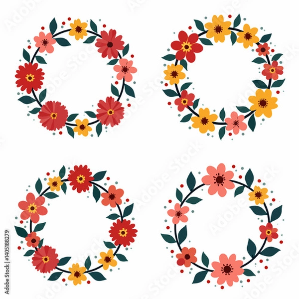 Fototapeta Wreath flowers circle Scandinavian style, Set of floral elements, Round floral frame