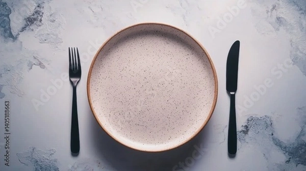 Fototapeta A white plate with brown speckles sits on a marble table with a fork and knife.