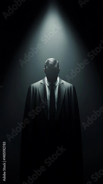 Fototapeta Cloaked businessman emerging from void with soft lighting on chest, hidden intentions theme, 3D illustration
