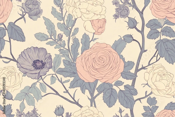 Fototapeta Seamless Vintage Floral Pattern with Hand-Drawn Roses and Leaves in Soft Pastel Tones
