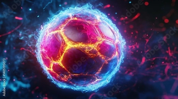 Fototapeta Soccer ball in fire with sparks on dark background. 3d illustration.