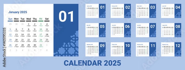 Fototapeta Desk Calendar 2025 with Islamic Hijri calendar . Calendar 2025 with landscape or horizontal design. week start on Sunday. Sunday as weekend. Friday as holy day marked with green.A3 format size.