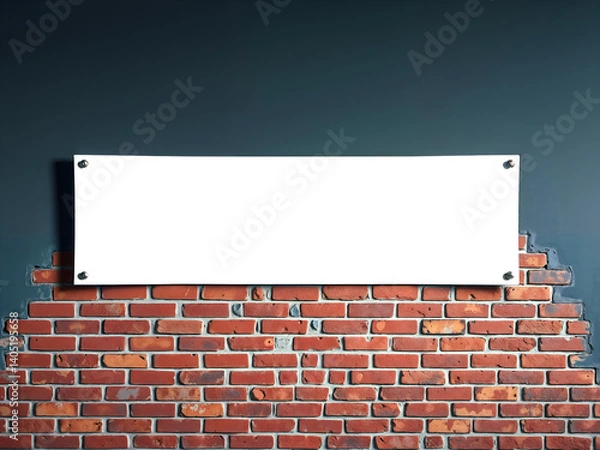 Obraz Transparent signboard on red brick wall with night lighting, suitable for advertisement or message.	