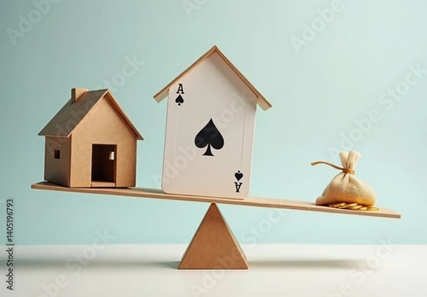 Fototapeta Seesaw with two model houses, an ace of spades card, and money bag