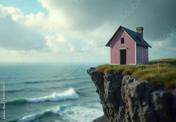 Fototapeta Delicate pink model house on cliff above crashing waves