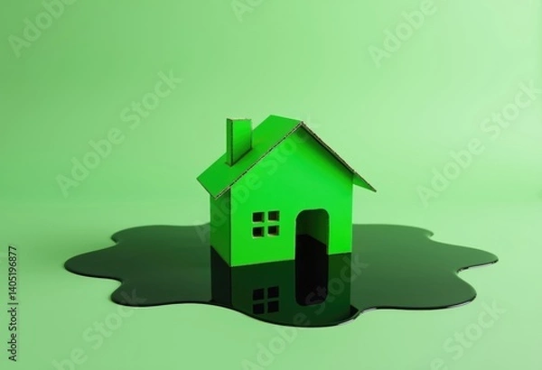 Fototapeta green toy house resting in a pool of black oil on vivid green background
