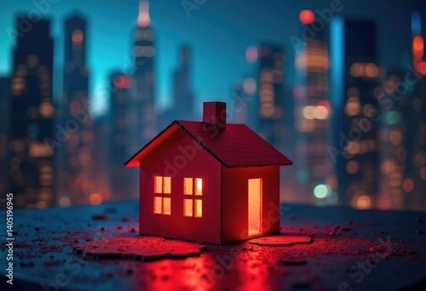 Obraz Red illuminated toy house glowing on cracked concrete surface, city skyline in background
