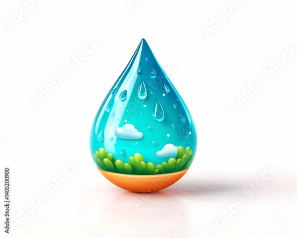 Fototapeta A stylized water droplet encapsulating a miniature landscape with rain, clouds, and greenery. Generative AI