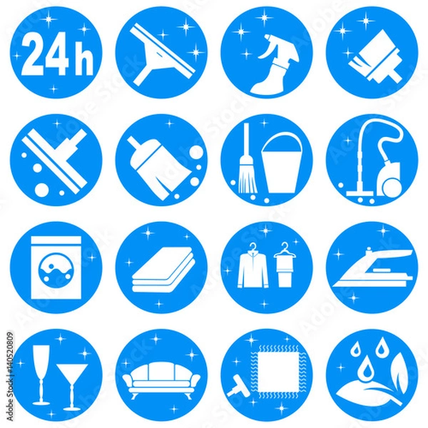 Fototapeta House cleaning service logo, set. Abstract concept. Raster illustration on white background.