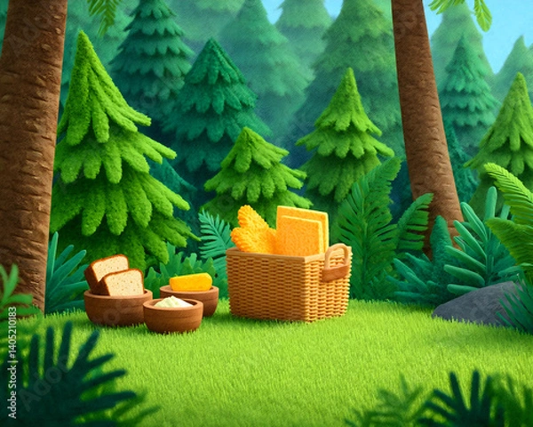 Fototapeta Lush green forest picnic scene with bread, corn, and butter in a wicker basket. Generative AI