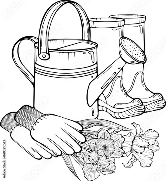 Fototapeta Spring composition with metal watering can, rubber boots, protective garden gloves and bouquet of flowers. Vector illustration in hand drawn sketch style. Line art isolated on white for coloring book