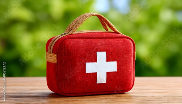 Fototapeta Red first-aid kit on wooden surface with blurred green background. Generative AI