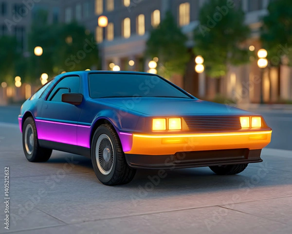 Fototapeta Retro futuristic car parked on city street at night. Generative AI