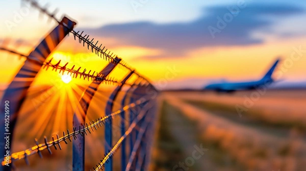 Fototapeta Close-up of barbed wire fence with sunburst effect against a sunset sky and a blurred airplane at an airport.