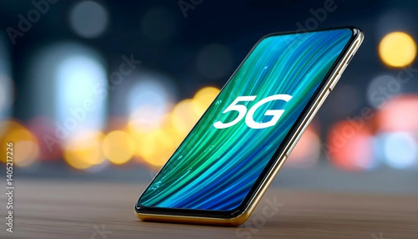 Fototapeta Sleek smartphone displaying 5G network connectivity against a blurred city backdrop. Generative AI