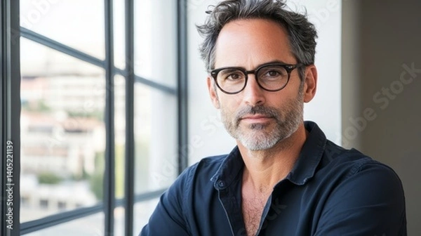 Obraz Focused business professional at a clean desk, embodying determination and modern professionalism.
